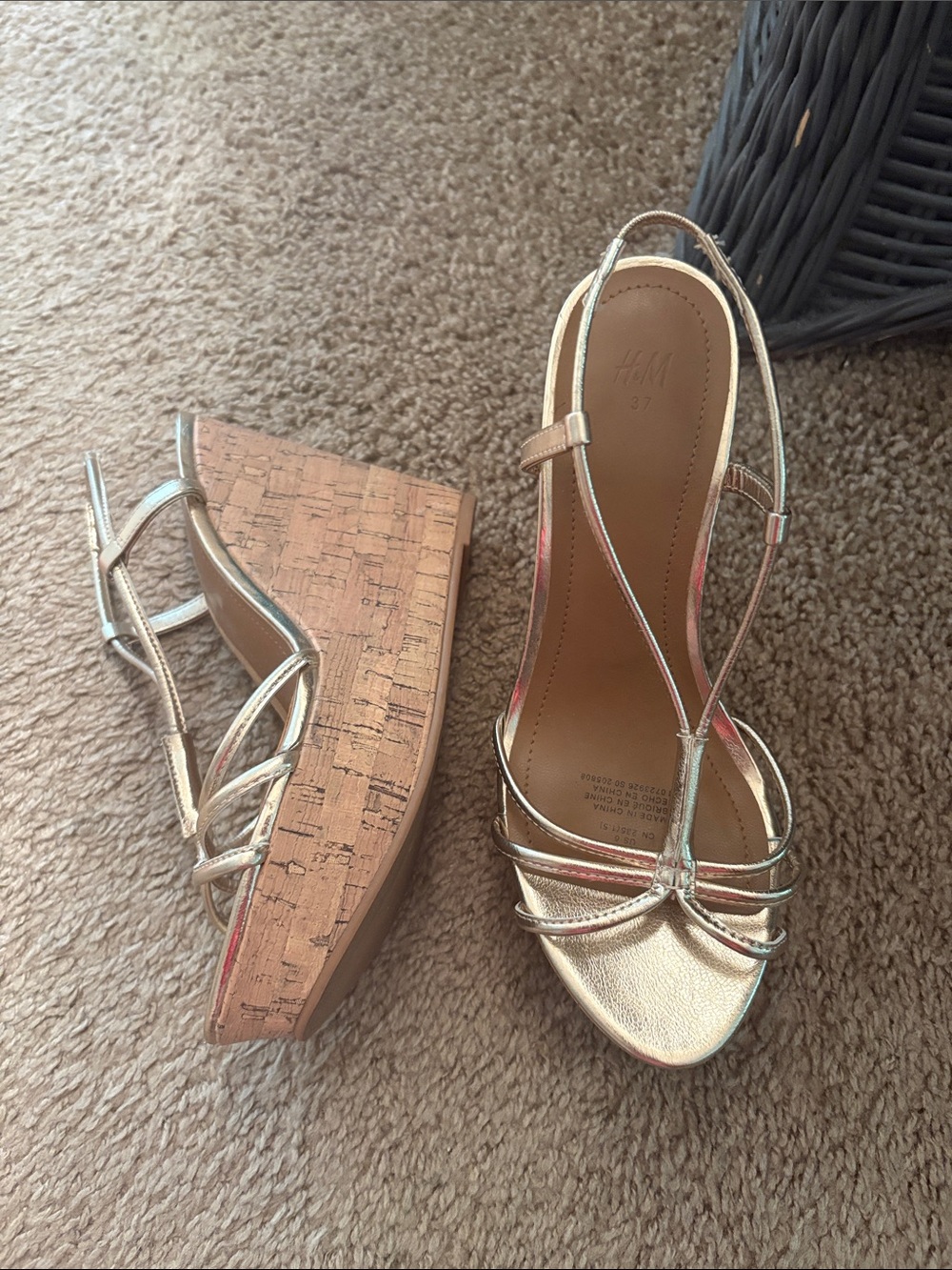 H&M Metallic Gold Strappy Cork Wedge Sandals